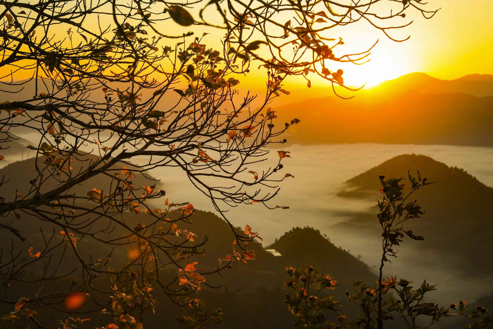 The poetic sunrise scene on Keo Lom Pass enchants locals and tourists alike. (Photo: VNA)