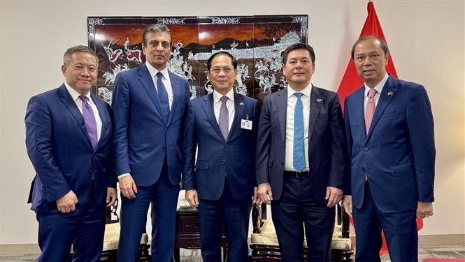 Deputy Prime Minister Bui Thanh Son (C) meets with Raj Subramaniam, President and Chief Executive Officer of the US’s FedEx Corporation. (Photo: VNA)