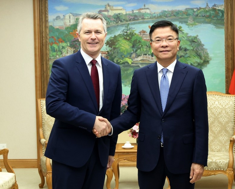 Deputy Prime Minister Le Thanh Long (R) and Australian Minister for Education Jason Clare in Hanoi on December 11 (Photo: VNA)
