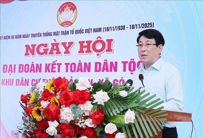 State President Luong Cuong speaks at the Great National Unity Festival in Bao An village, Go Noi commune, Da Nang city. (Photo: VNA)