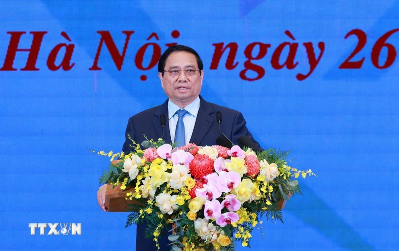 Prime Minister Pham Minh Chinh speaks at the online conference in Hanoi on August 26. (Photo: VNA)