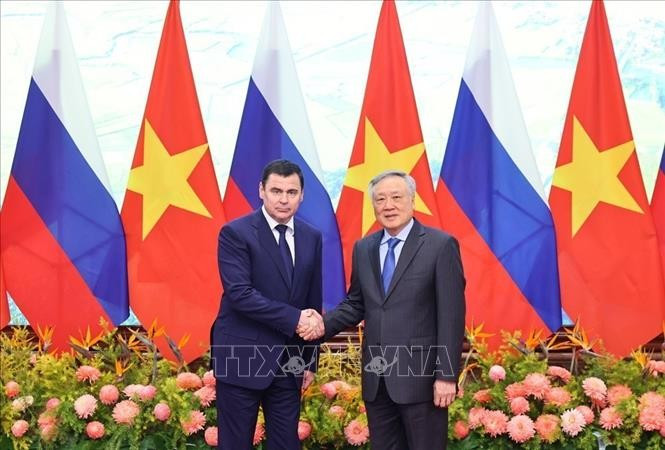 Permanent Deputy Prime Minister Nguyen Hoa Binh (right) and Aide to the Russian President Dmitry Mironov at their meeting on December 3 (Photo: VNA)