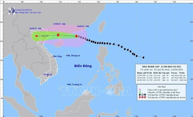 Path of Typhoon No. 9 as of 4 am on September 24. (Photo published by VNA)