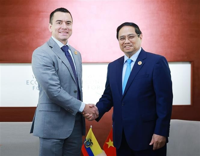 Prime Minister Pham Minh Chinh (R) meets with Ecuadorian President Daniel Noboa on the sidelines of the 16th Annual Meeting of the New Champions of the World Economic Forum (WEF) in Tianjin city, China, June 25, 2025. (Photo: VNA)